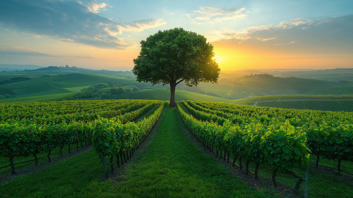 Tuscan Vineyard Sunset Mural Wallpaper — Rustic Landscape Design Mural Wallpaper - room preview 02