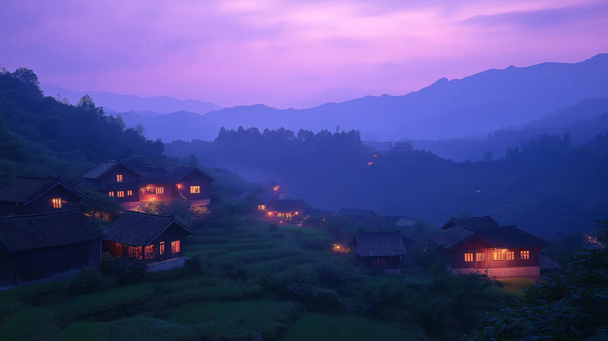 Twilight Village Mountain Mural Wallpaper — Whimsical Evening Scene Mural Wallpaper - room preview 02