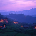 Twilight Village Mountain Mural Wallpaper — Whimsical Evening Scene Mural Wallpaper - room preview 02