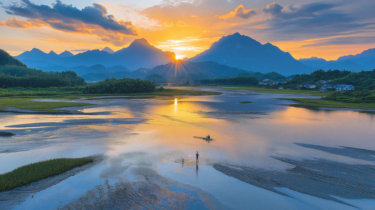Mountain Sunset River Landscape Mural Wallpaper —Realistic Style Mural Wallpaper - room preview 02