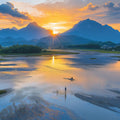 Mountain Sunset River Landscape Mural Wallpaper —Realistic Style Mural Wallpaper - room preview 02