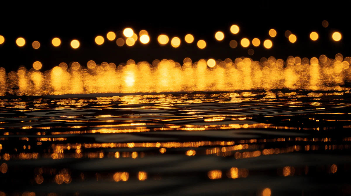 Golden Bokeh Reflection Mural Wallpaper — Cinematic Night Design Mural Wallpaper - room preview 02