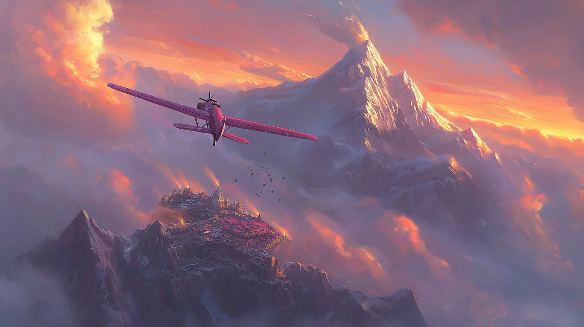 Fantasy Mountain Airplane Mural Wallpaper — Whimsical Sky Scene Mural Wallpaper - room preview 02
