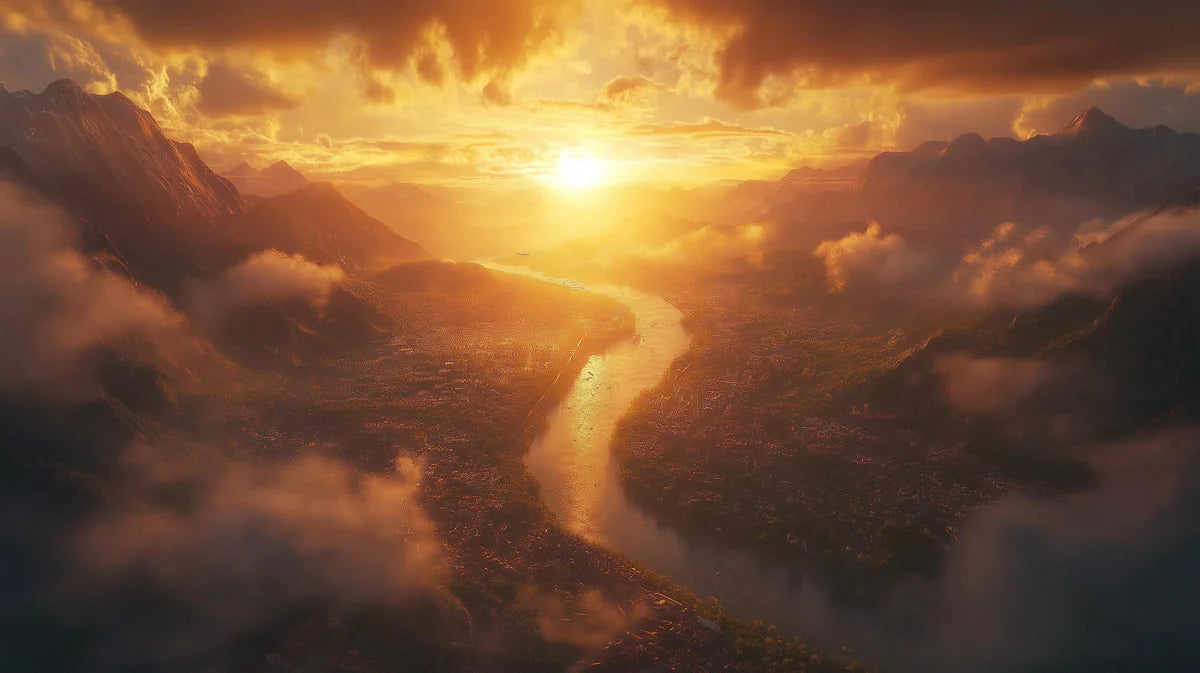 Golden Mountain River Mural Wallpaper — Dramatic Sunset Landscape Mural Wallpaper - room preview 02