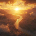 Golden Mountain River Mural Wallpaper — Dramatic Sunset Landscape Mural Wallpaper - room preview 02