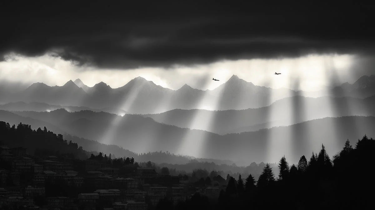 Monochrome Mountain Peaks Mural Wallpaper — Dramatic Light Rays Mural Wallpaper - room preview 02