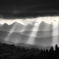 Monochrome Mountain Peaks Mural Wallpaper — Dramatic Light Rays Mural Wallpaper - room preview 02