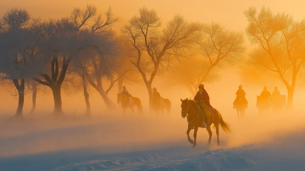 Misty Equestrian Forest Mural Wallpaper — Golden Hour Scenic Mural Wallpaper - room preview 02