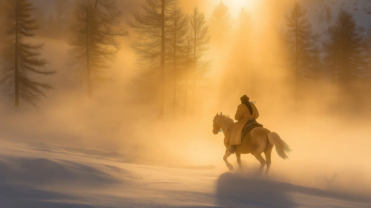 Lone Rider Forest Mural Wallpaper — Hazy Golden Sunset Scene Mural Wallpaper - room preview 02