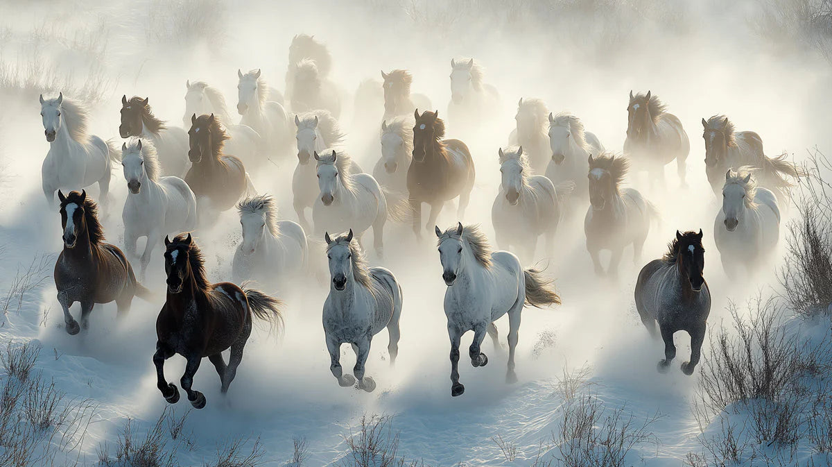 Galloping Horses in Misty Snow Mural Wallpaper — Winter Energy Mural Wallpaper - room preview 02