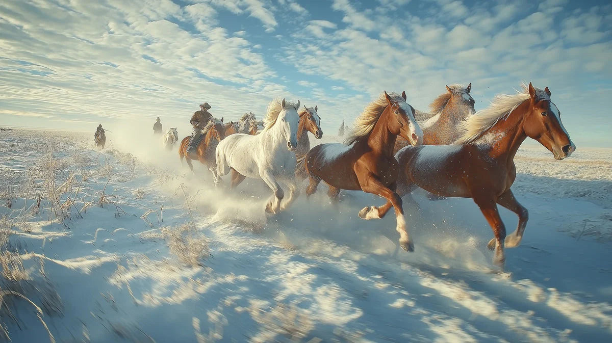 Galloping Horses Snowy Field Mural Wallpaper — Winter Landscape Mural Wallpaper - room preview 02