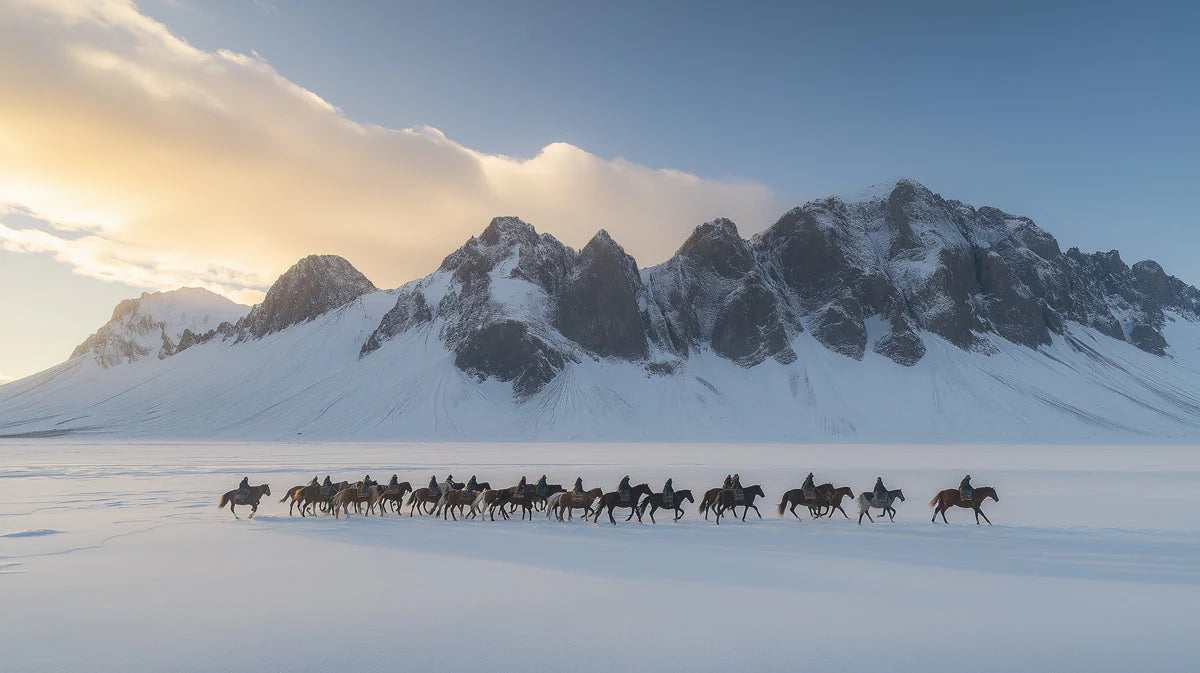 Winter Mountain Riders Mural Wallpaper —Scenic Alpine Landscape Mural Wallpaper - room preview 02