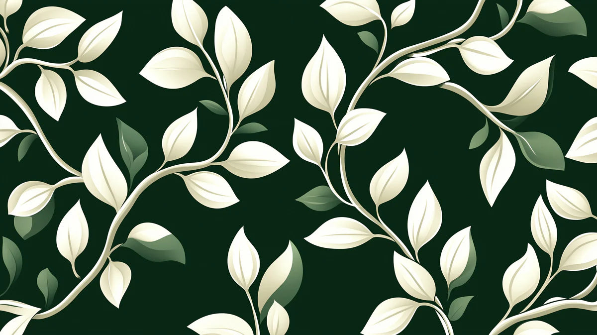 Botanical Vine Mural Wallpaper — Deep Green and White Leaf Pattern Mural Wallpaper - room preview 02