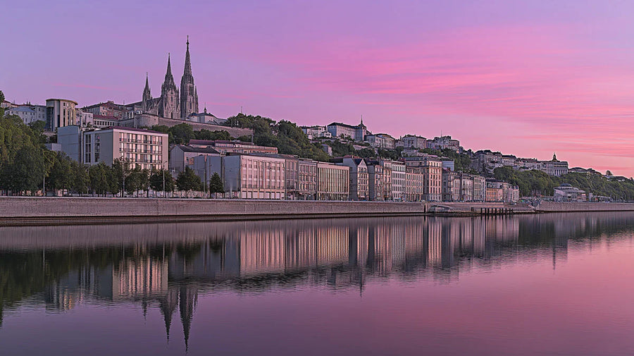 Sunset Wallpaper Mural – Golden Hour Wall Mural – Riverside European Cityscape —Soft Twilight Pink printable artwork