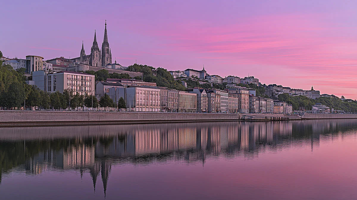 Riverside European Cityscape Mural Wallpaper —Soft Twilight Pink Mural Wallpaper - room preview 02