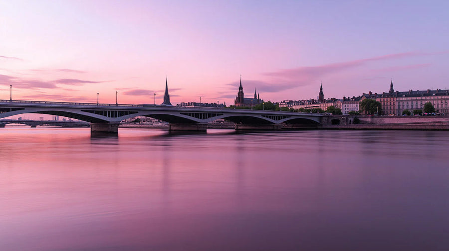 Sunset Wallpaper Mural – Golden Hour Wall Mural – Twilight River Bridge — Urban Sunset Skyline printable artwork