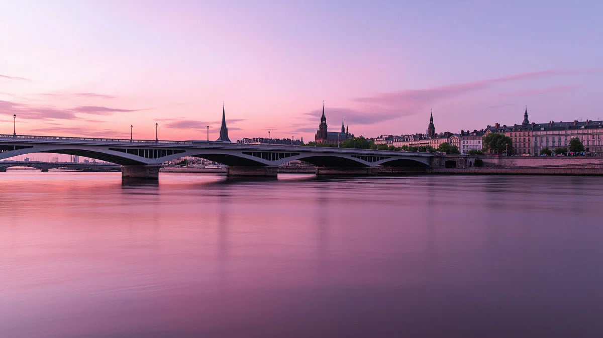 Twilight River Bridge Mural Wallpaper — Urban Sunset Skyline Mural Wallpaper - room preview 02