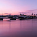 Twilight River Bridge Mural Wallpaper — Urban Sunset Skyline Mural Wallpaper - room preview 02