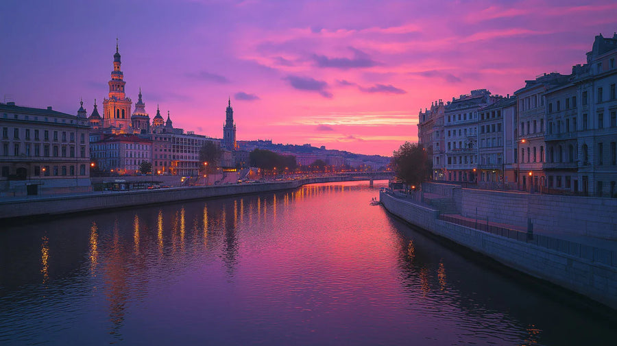 Sunset Wallpaper Mural – Golden Hour Wall Mural – Magenta Twilight River Cityscape printable artwork
