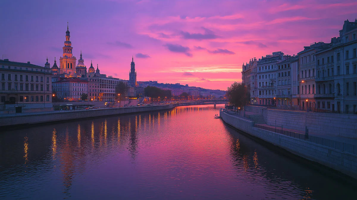 Magenta Twilight River Cityscape Mural Wallpaper - room preview 02