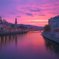 Magenta Twilight River Cityscape Mural Wallpaper - room preview 02