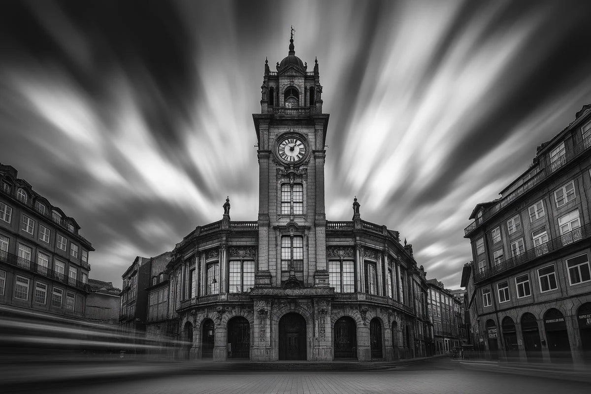 Clock Tower Long Exposure Mural Wallpaper — Architectural Monochrome Mural Wallpaper - room preview 02