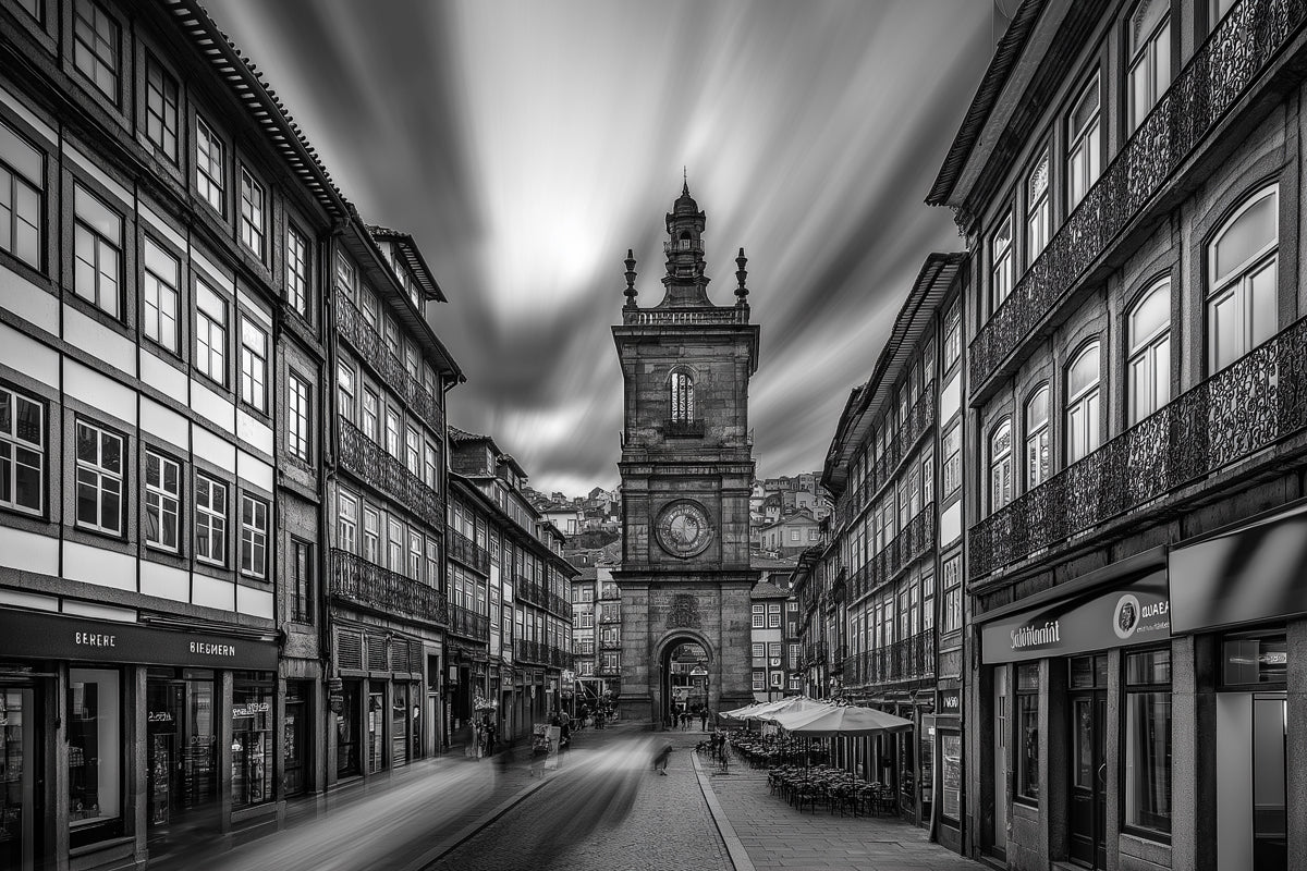 Monochromatic European Clock Tower Mural Wallpaper — Urban Scene Mural Wallpaper - room preview 02