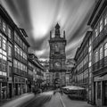 Monochromatic European Clock Tower Mural Wallpaper — Urban Scene Mural Wallpaper - room preview 02