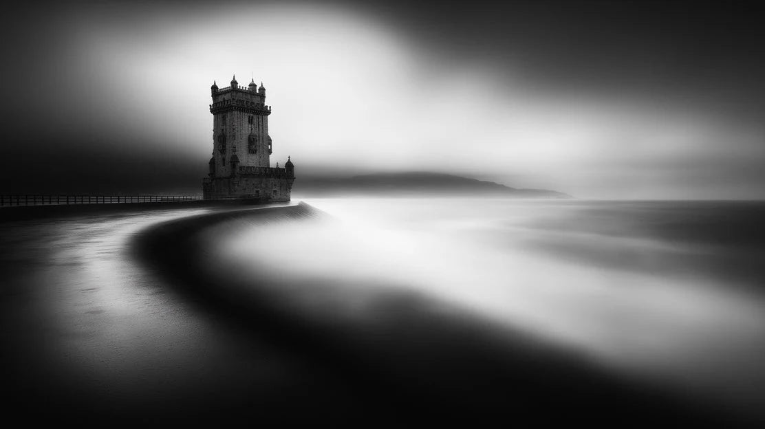 Tower in Coastal Mist Mural Wallpaper — Moody Monochrome Art Mural Wallpaper - room preview 02