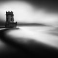 Tower in Coastal Mist Mural Wallpaper — Moody Monochrome Art Mural Wallpaper - room preview 02