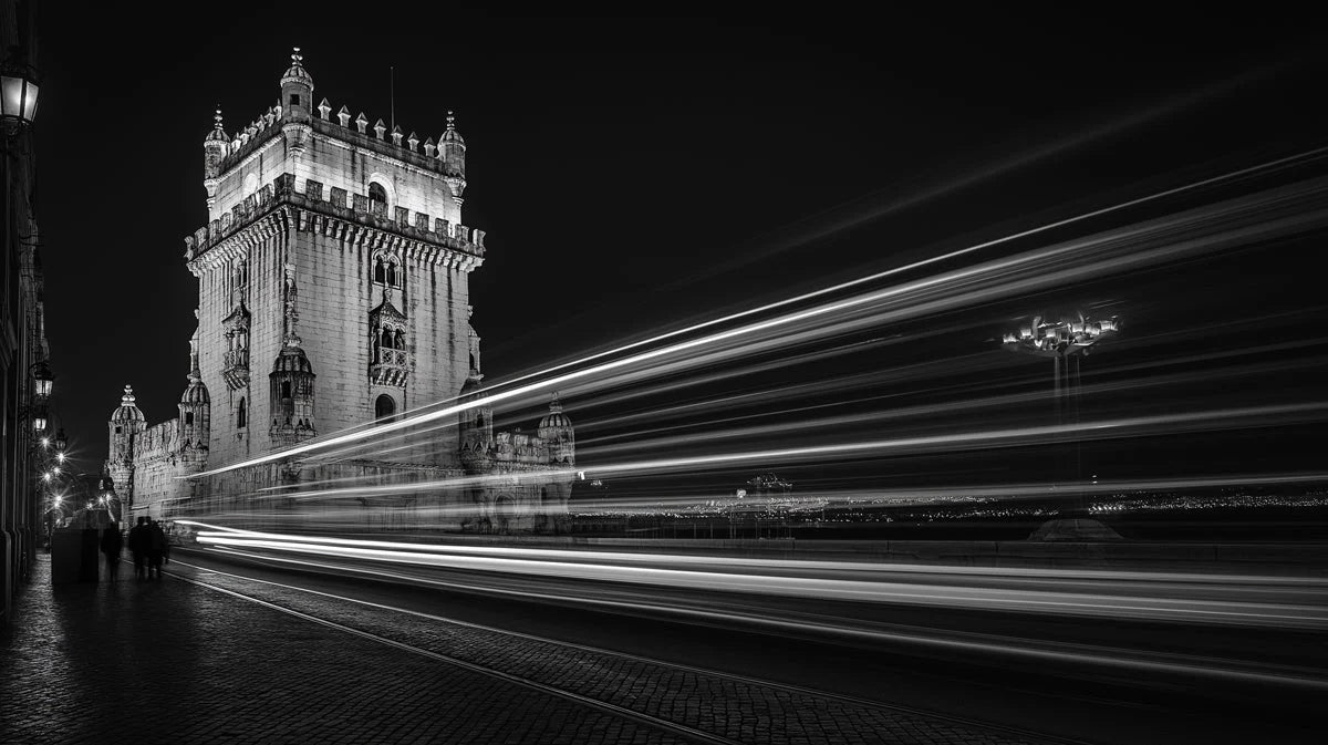 Belém Tower Light Trails Mural Wallpaper — Monochrome Architecture Mural Wallpaper - room preview 02