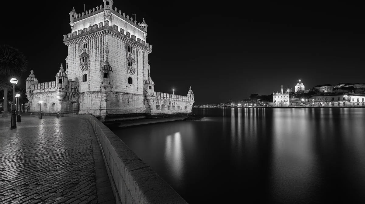 Belém Tower Night Mural Wallpaper — Monochrome Architectural Mural Mural Wallpaper - room preview 02