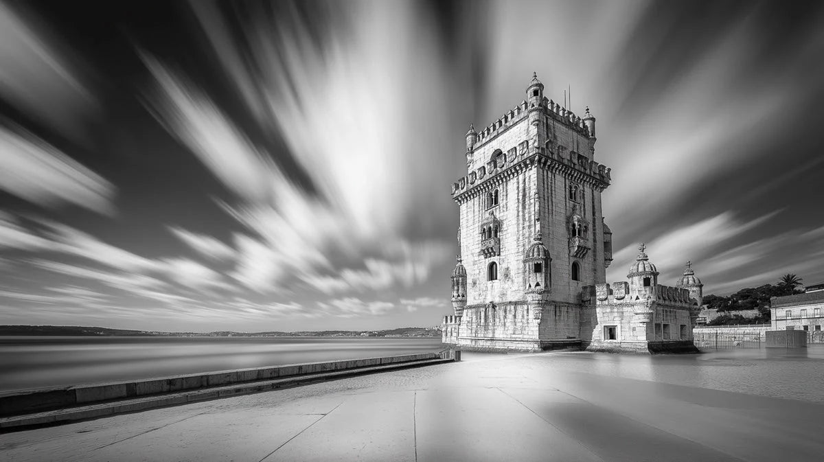 Belém Tower Coastal Mural Wallpaper — Dramatic Monochrome Architecture Mural Wallpaper - room preview 02