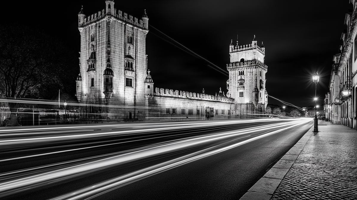 Lisbon Tower Night Light Trails Mural Wallpaper — Urban Monochrome Mural Wallpaper - room preview 02