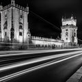 Lisbon Tower Night Light Trails Mural Wallpaper — Urban Monochrome Mural Wallpaper - room preview 02