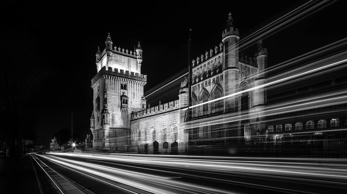 Belém Tower Light Trails Mural Wallpaper — Urban Night Aesthetic Mural Wallpaper - room preview 02
