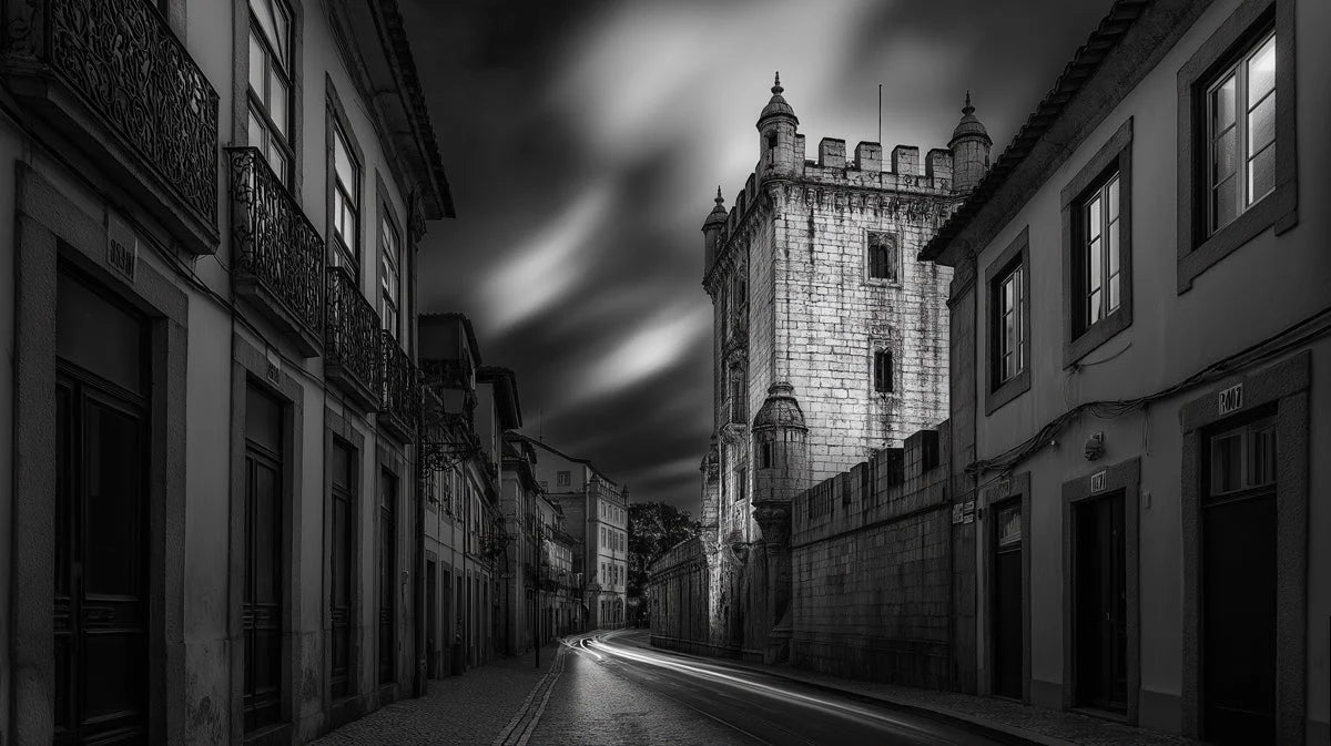 Old World Tower Street Mural Wallpaper — Urban Monochrome Scene Mural Wallpaper - room preview 02