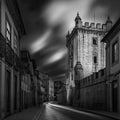 Old World Tower Street Mural Wallpaper — Urban Monochrome Scene Mural Wallpaper - room preview 02