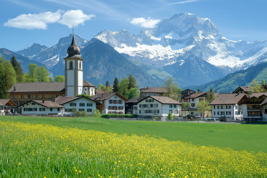 Landscape Wallpaper Mural – Scenery Wall Mural – Swiss Alpine Village —Scenic Mountain Landscape printable artwork