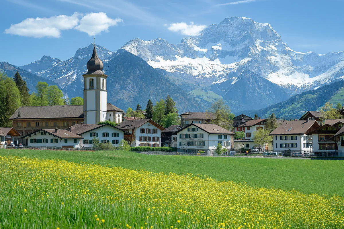 Swiss Alpine Village Mural Wallpaper —Scenic Mountain Landscape Mural Wallpaper - room preview 02