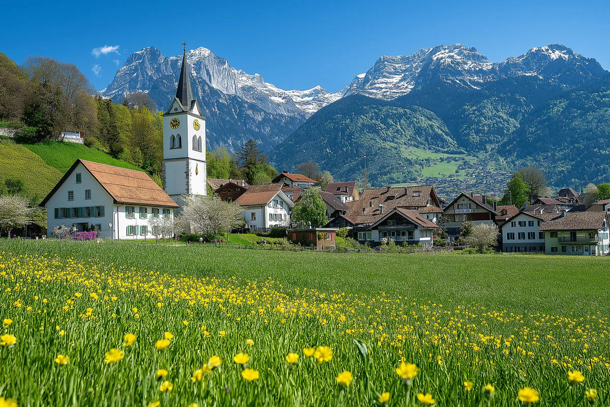 Swiss Alpine Village Mural Wallpaper — Scenic Mountain View Mural Wallpaper - room preview 02