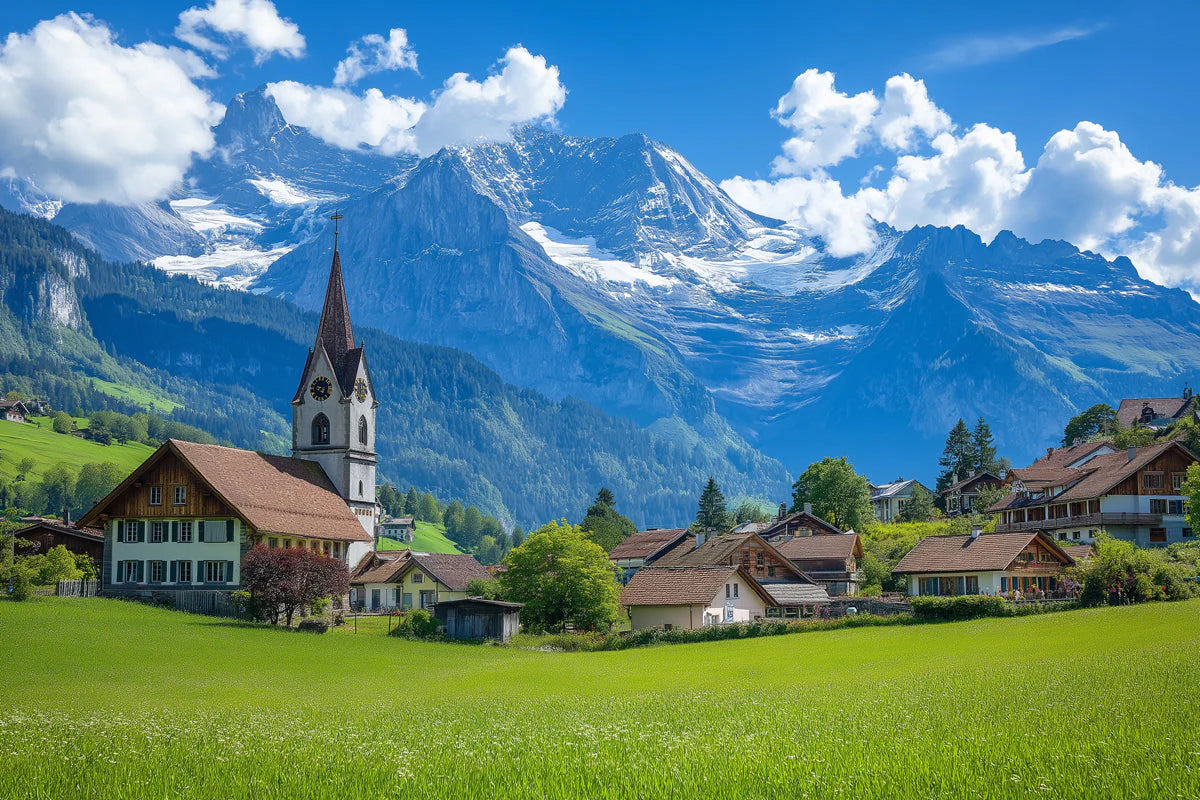 Swiss Alpine Village Landscape Mural Wallpaper —Scenic Decor Mural Wallpaper - room preview 02