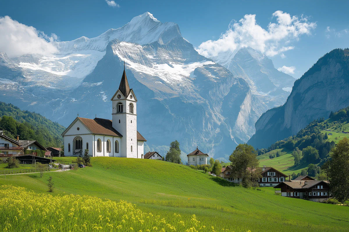 Swiss Alpine Village Mural Wallpaper —Scenic Mountain View Mural Wallpaper - room preview 02