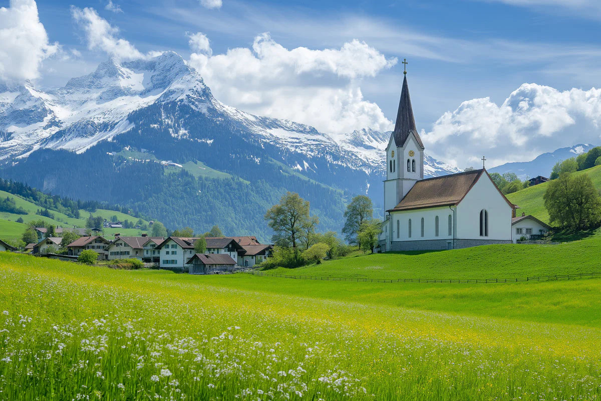 Alpine Village Mural Wallpaper —Scenic Mountain Landscape Mural Wallpaper - room preview 02