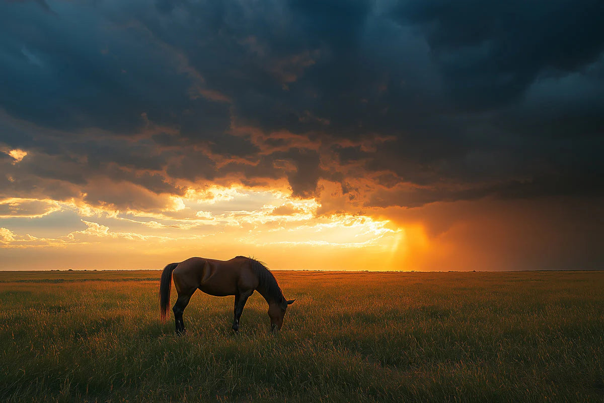 Grazing Horse at Sunset Landscape Mural Wallpaper - room preview 02