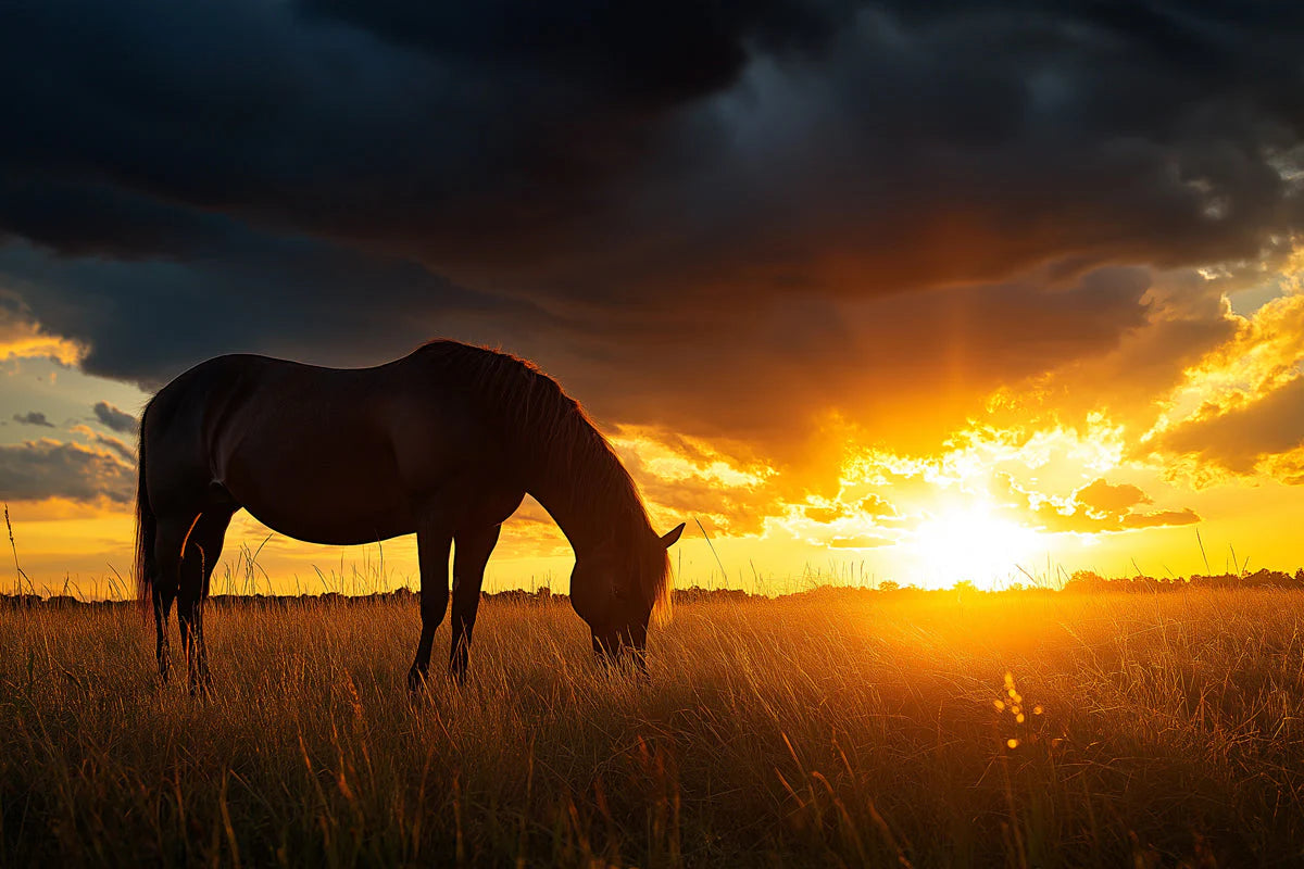 Grazing Horse at Sunset Mural Wallpaper —Dramatic Nature Scene Mural Wallpaper - room preview 02