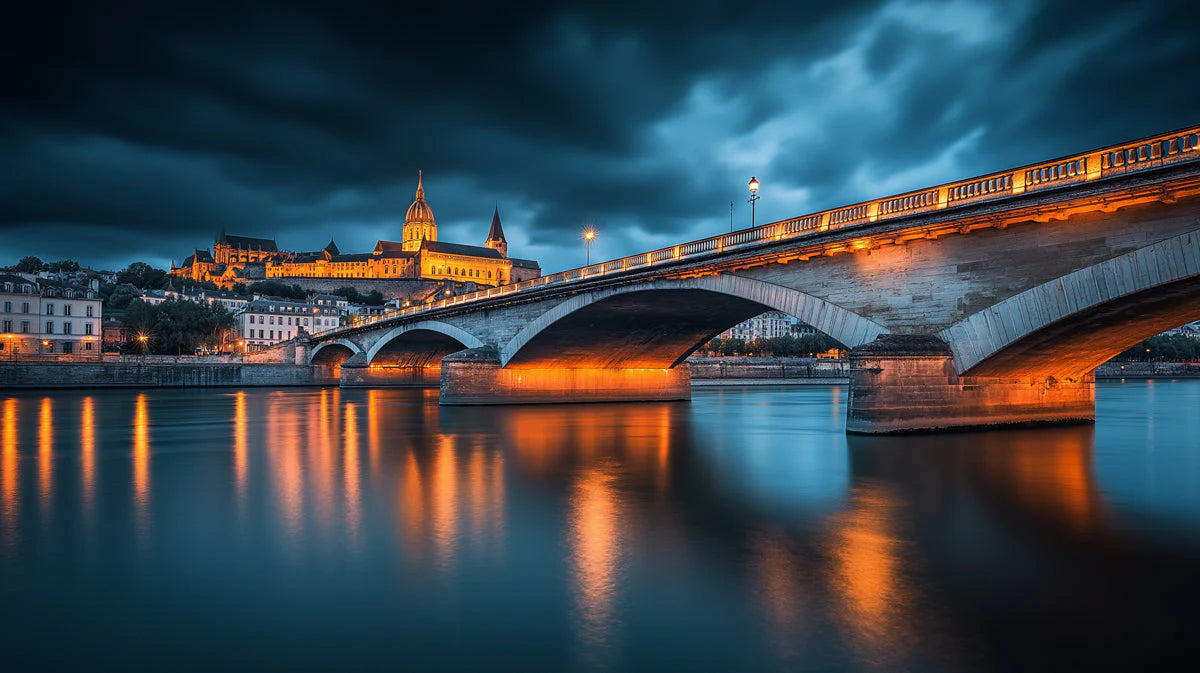 Nighttime City Bridge Mural Wallpaper —Urban Evening Scene Mural Wallpaper - room preview 02