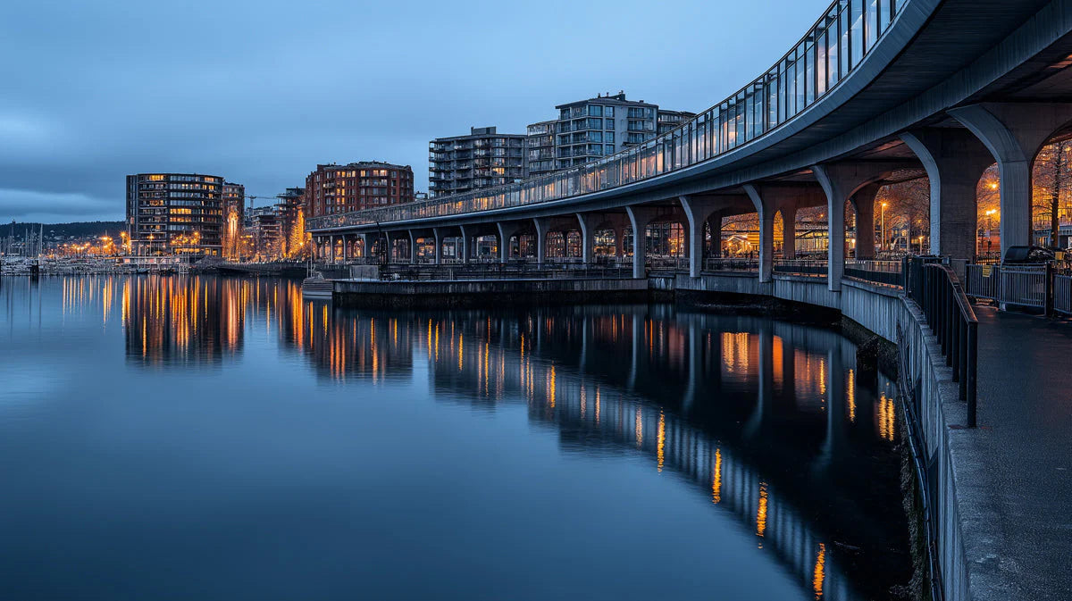 Modern Waterfront Cityscape Mural Wallpaper — Urban Night View Mural Wallpaper - room preview 02