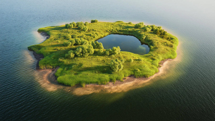 Landscape Wallpaper Mural – Scenery Wall Mural – Aerial Island Lake — Natural Scenic Landscape printable artwork