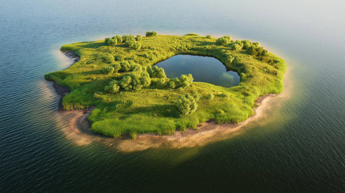 Aerial Island Lake Mural Wallpaper — Natural Scenic Landscape Mural Wallpaper - room preview 02